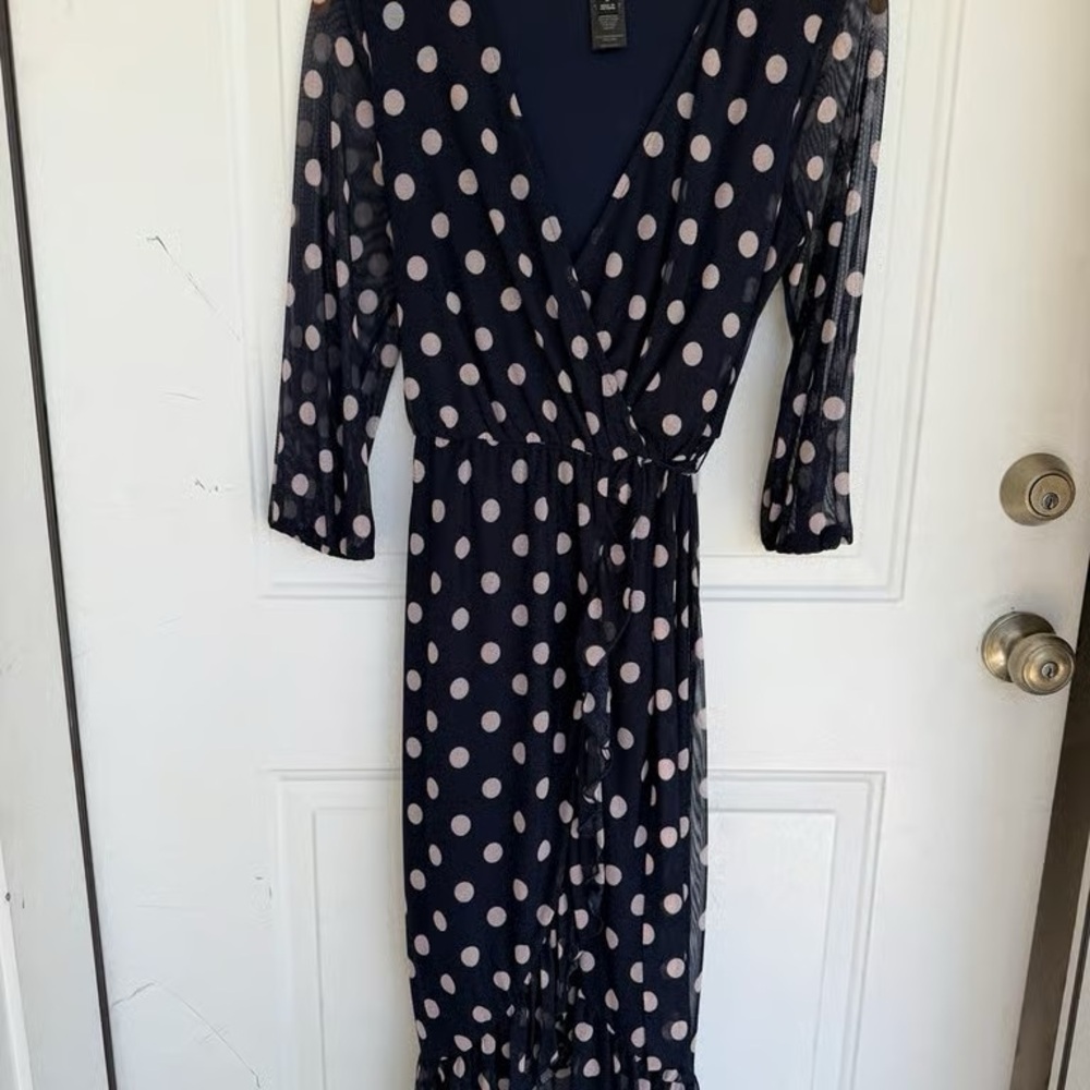 Women’s Navy Polka Dot Wrap Dress with Pink Dots